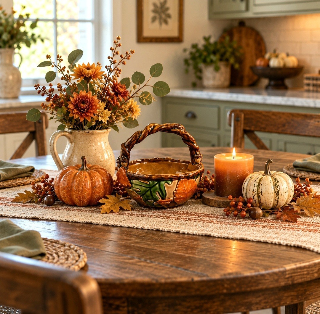 Vintage Fall Ceramic Basket Acorns Leaves Autumn Harvest Decor Cottage