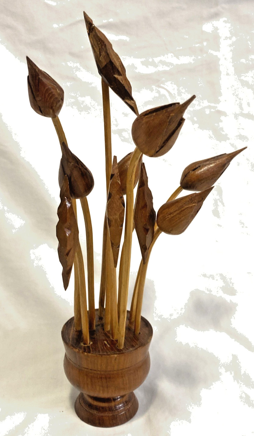 Mid Century Modern 14” Wooden Floral Flower Hand Carved Arrangement Sculpture