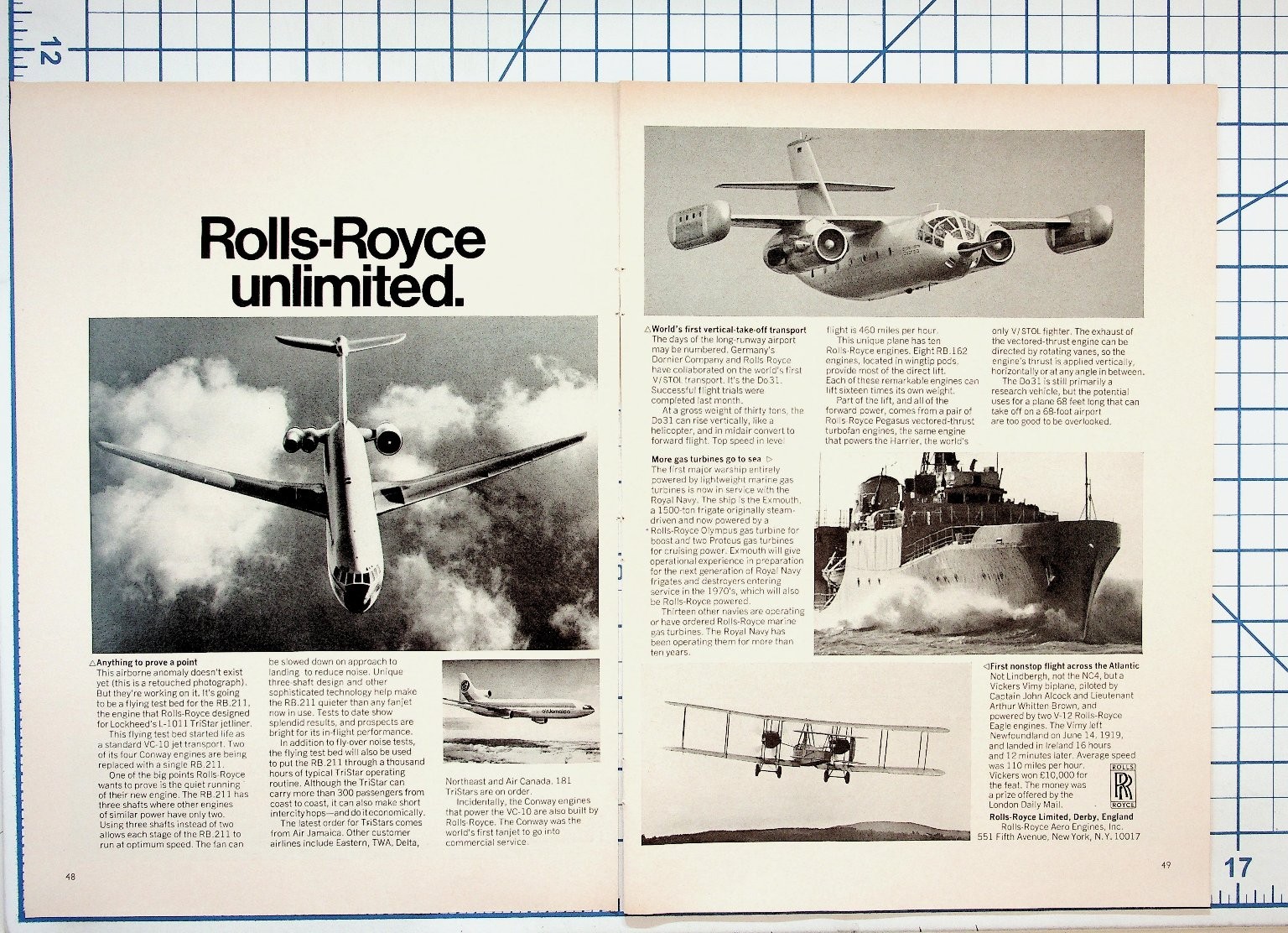Rolls-Royce Unlimited VTOL Jet Marine Turbine Vimy Biplane 1960s Magazine Ad