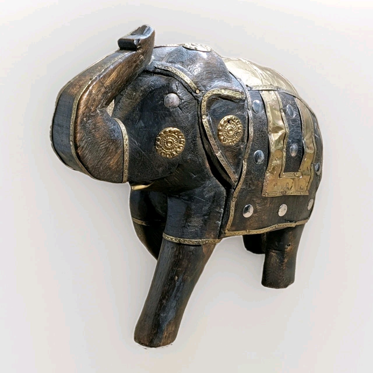 Vintage Elephant Indian Hand Carved Wood  Brass Inlay Metal Studs 10