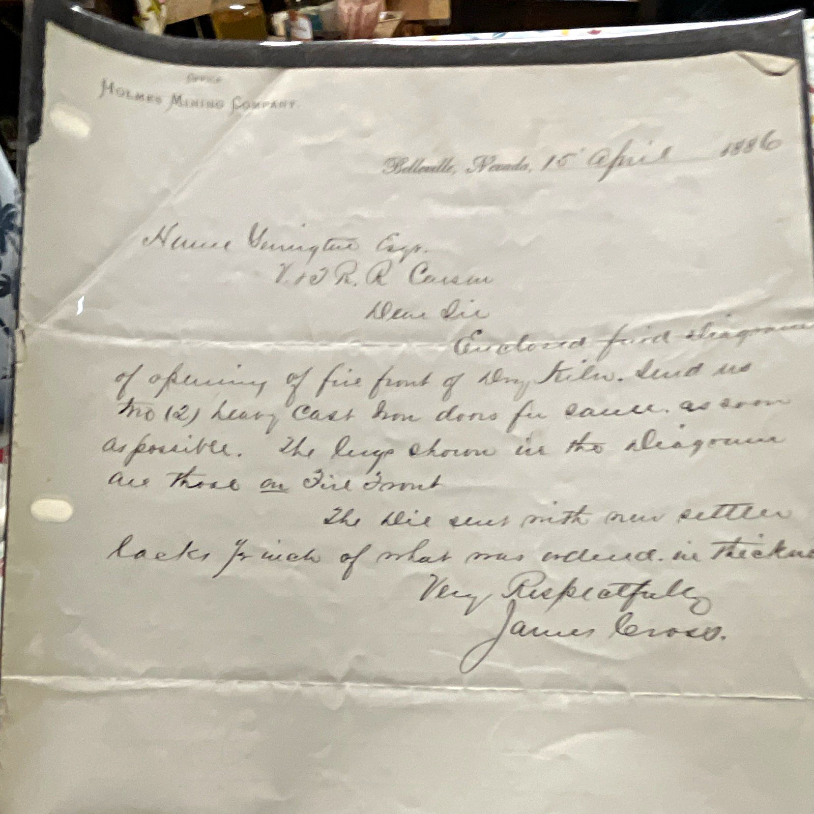 1886 Holmes Mining Company Letterhead Handwritten Letter Apr 15 Belleville NV