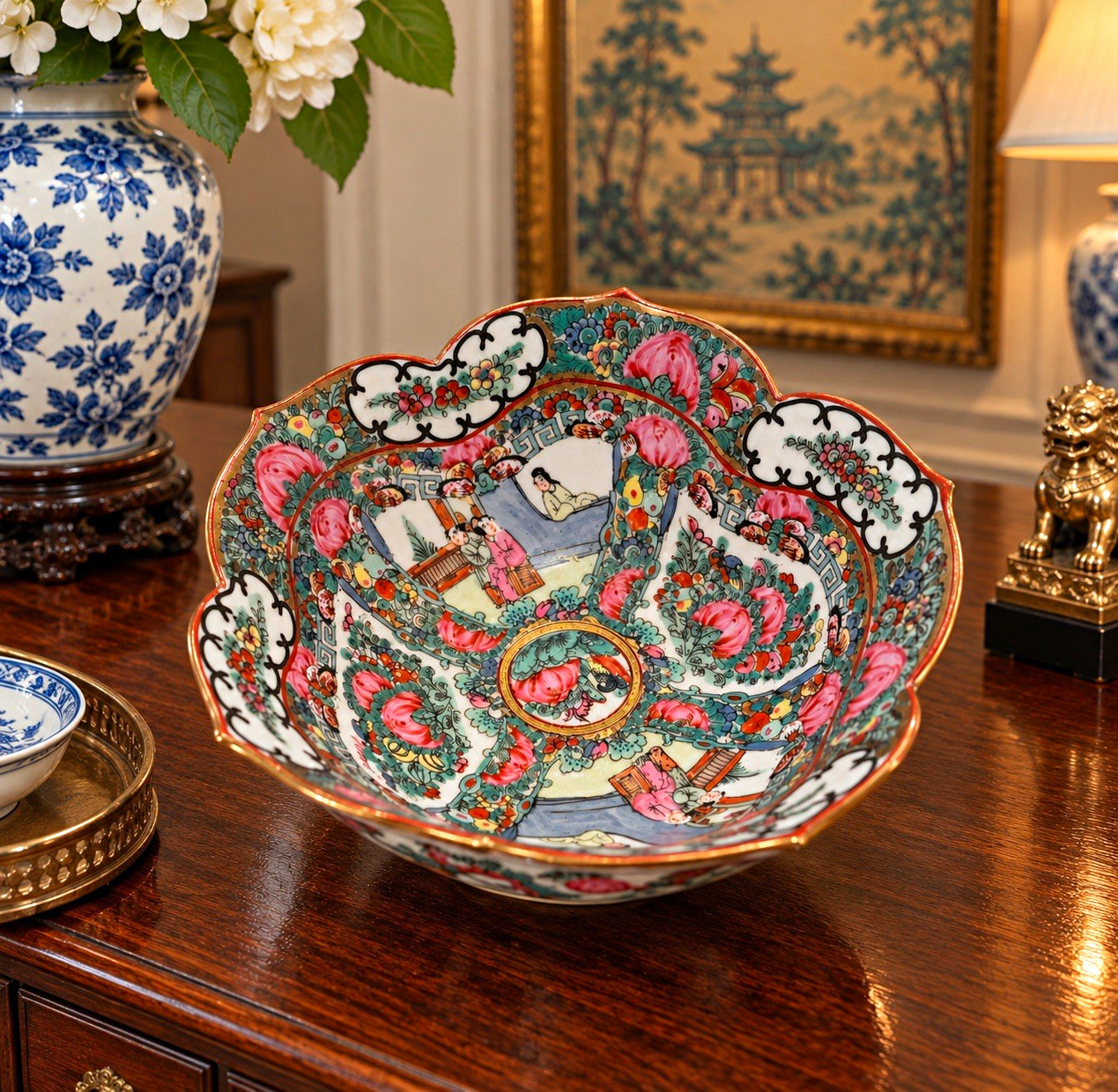Vintage Porcelain Famille Rose Bowl Lotus Scalloped Gilt Rim Floral Figural