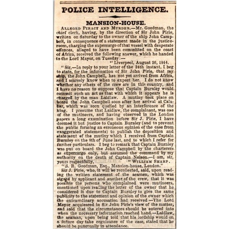 Alleged Piracy & Murder Crime William Sharp London 1844 London Clipping SAI3-3