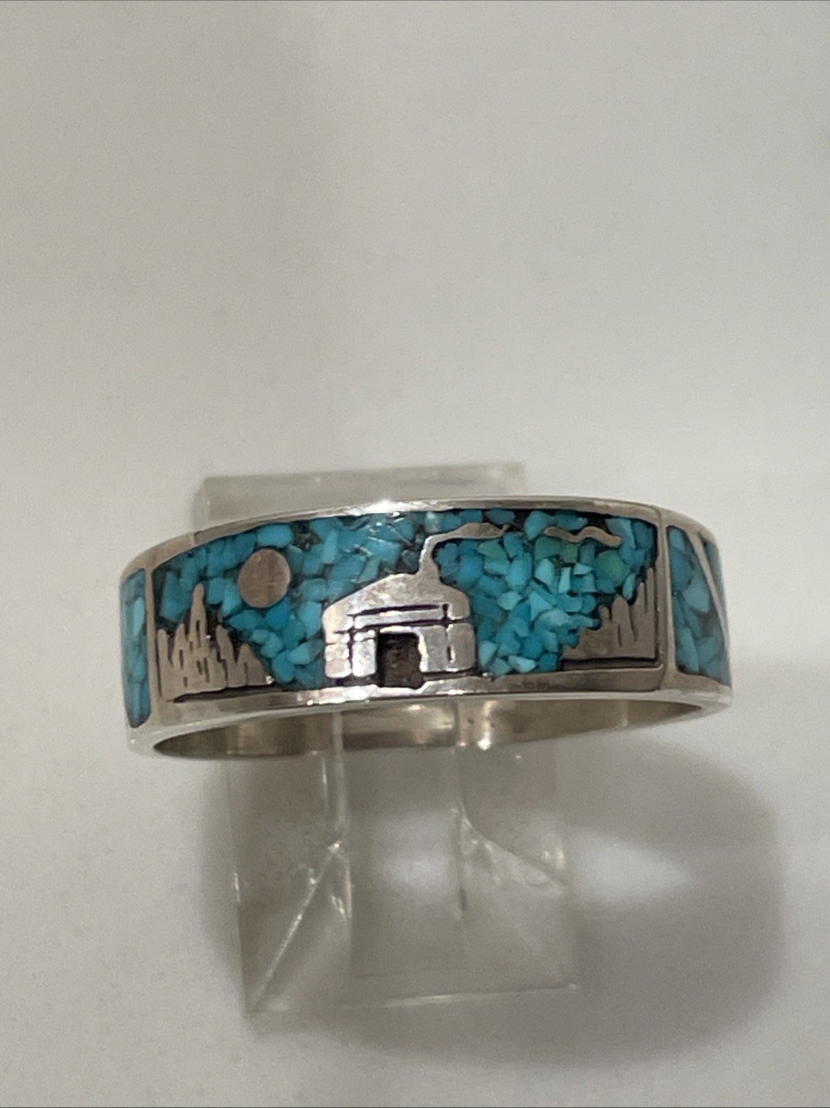 Vintage Navajo Sterling Silver Turquoise Chip Inlay Hogan Ring Size 10