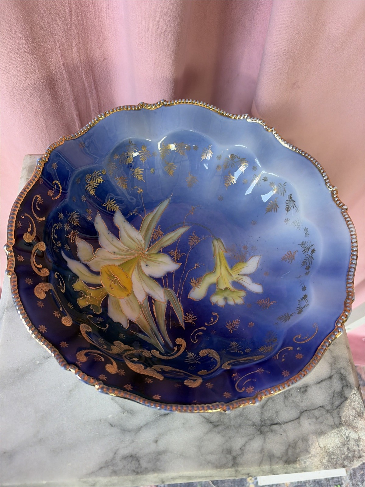 Vintage Bowl Blue Golden Daffodils Saxe Altenburg Germany Porcelain -  10” Inch
