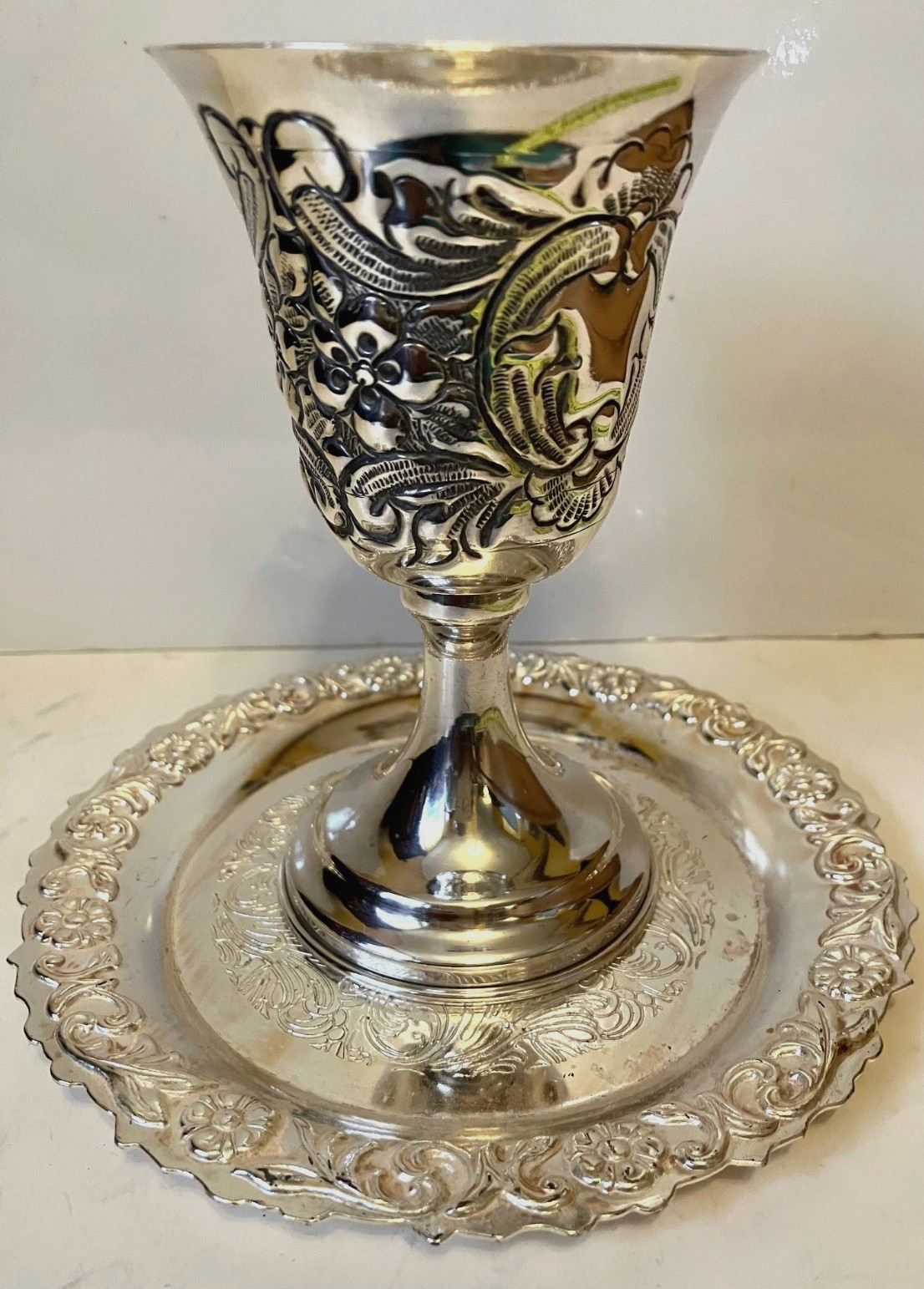 Vtg Judaica Wine Goblet Kiddush Cup & 6\