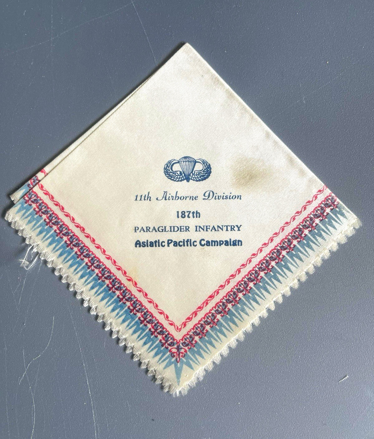 Vintage 11th Airborne 187th Paraglider Infantry Sweetheart Handkerchief, WW2
