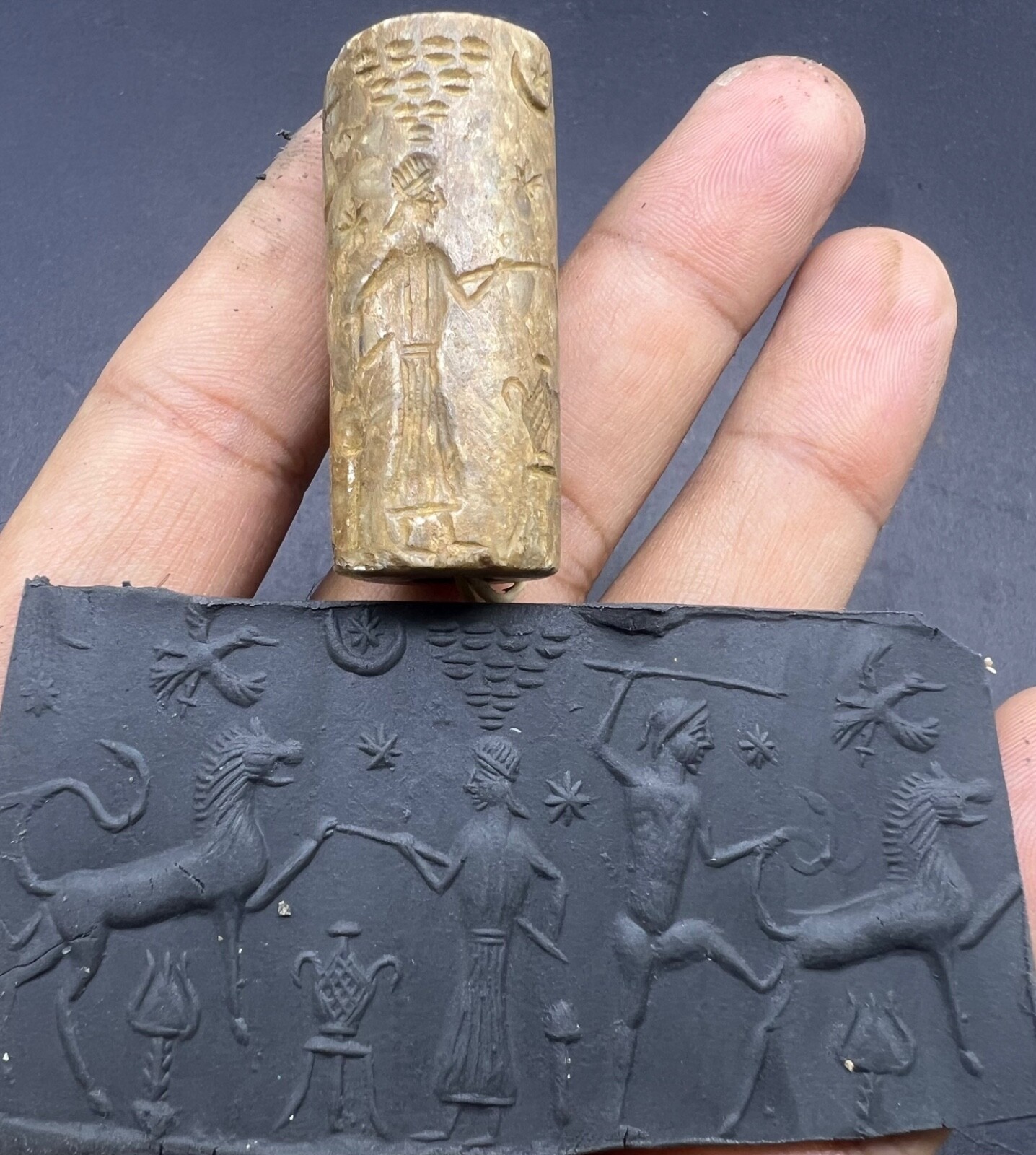 Old Babylonian bronze Cylinder seal Intaglio with Presentation Scene, 2100-1900 Old Babylonian bronze Cylinder seal Intaglio with Presentation Scene, 2100-1900