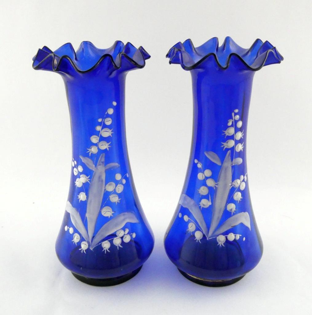 Pair of Mary Gregory Styled Hand Painted White on Blue Lily of the Valley Vases