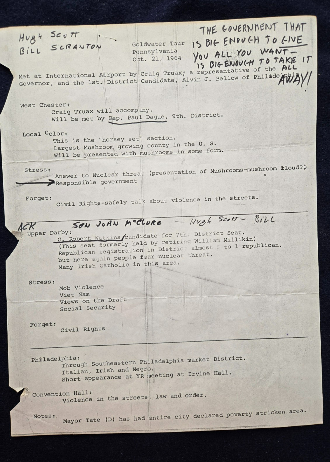 Original Barry Goldwater 1964 Campaign Briefing Memo for Pennsylvania Tour Original Barry Goldwater 1964 Campaign Briefing Memo for Pennsylvania Tour