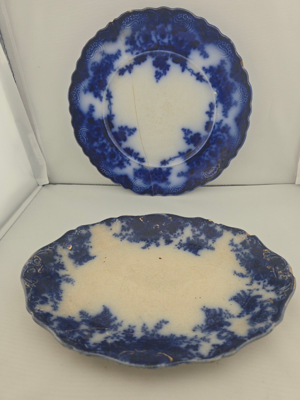Thomas Till and sons oval platter, W H Grinnely Plate repaired blue transferware
