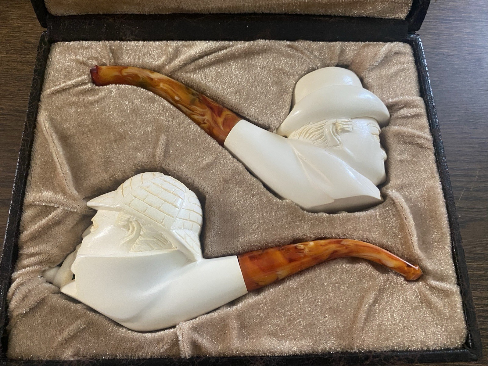 Two Vintage Sherlock Holmes &Dr Watson Smocking Pipes Block Meerschaum Unsmoked