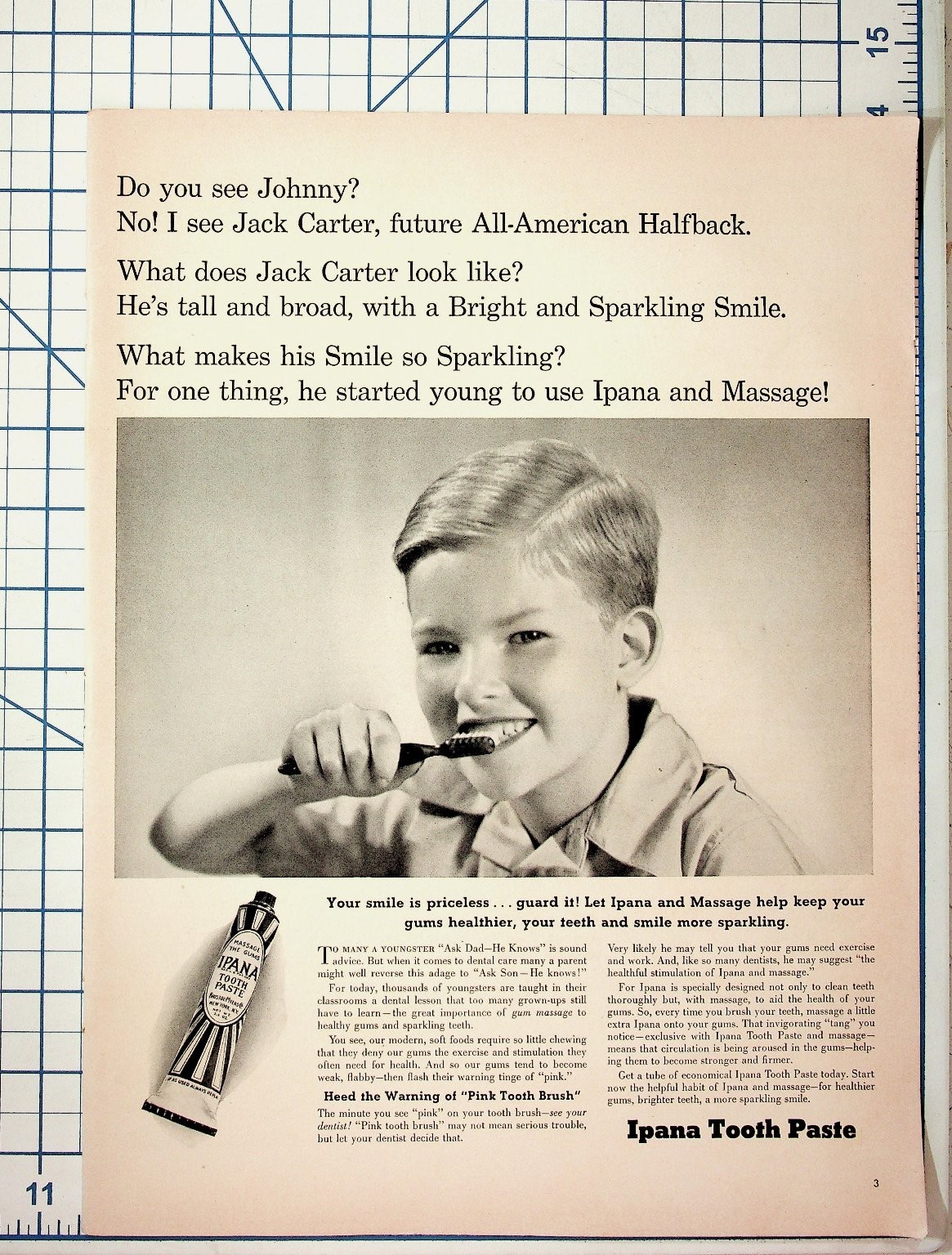 Vintage Ipana Tooth Paste Ad 1940s Boy Brushing Teeth All-American Halfback Vintage Ipana Tooth Paste Ad 1940s Boy Brushing Teeth All-American Halfback