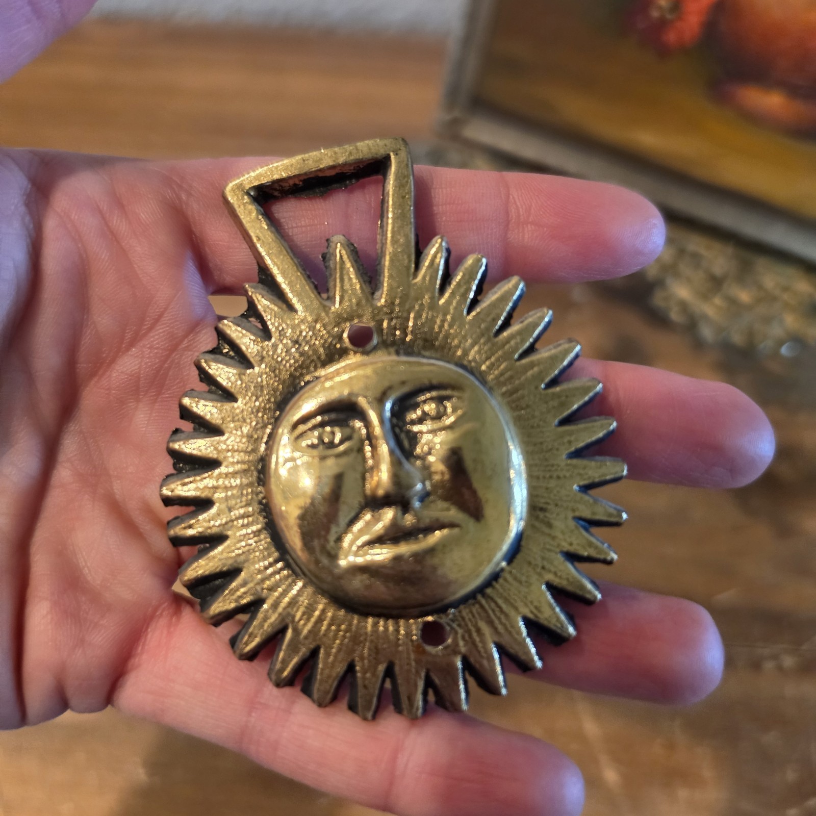 Vintage Brass Sun Face Horse Medallion