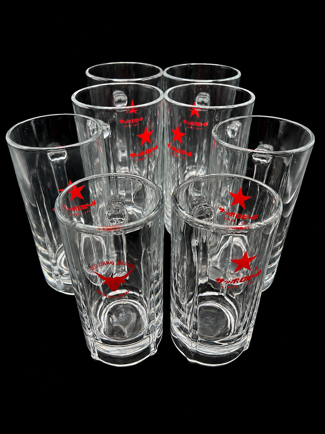 Rare Vintage 1980\'s Sapporo Red Star Beer Mug Collection 8 Mugs 0.4L–1.0L Japan