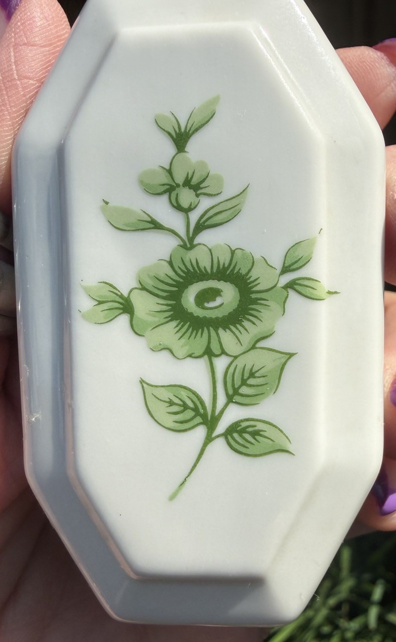 Vintage Hollohaza Hungary Porcelain Trinket Box Green Floral Octagon Lidded Dish