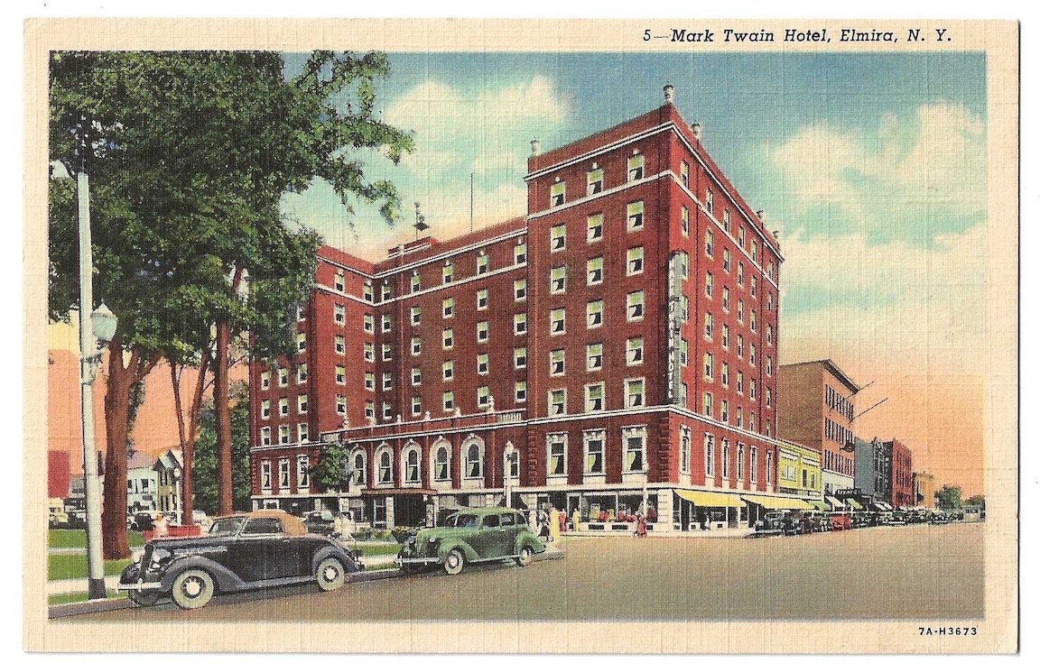 Elmira New York c1940's Mark Twain Hotel, vintage car