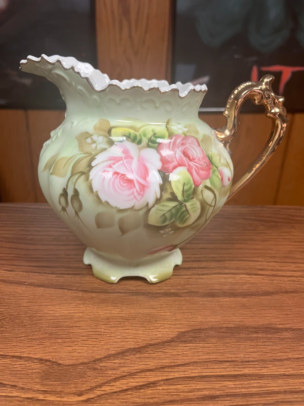 VINTAGE LEFTON CHINA # 796 - 6'' TALL HAND PAINTED GREEN ROSES PITCHER VINTAGE LEFTON CHINA # 796 - 6'' TALL HAND PAINTED GREEN ROSES PITCHER
