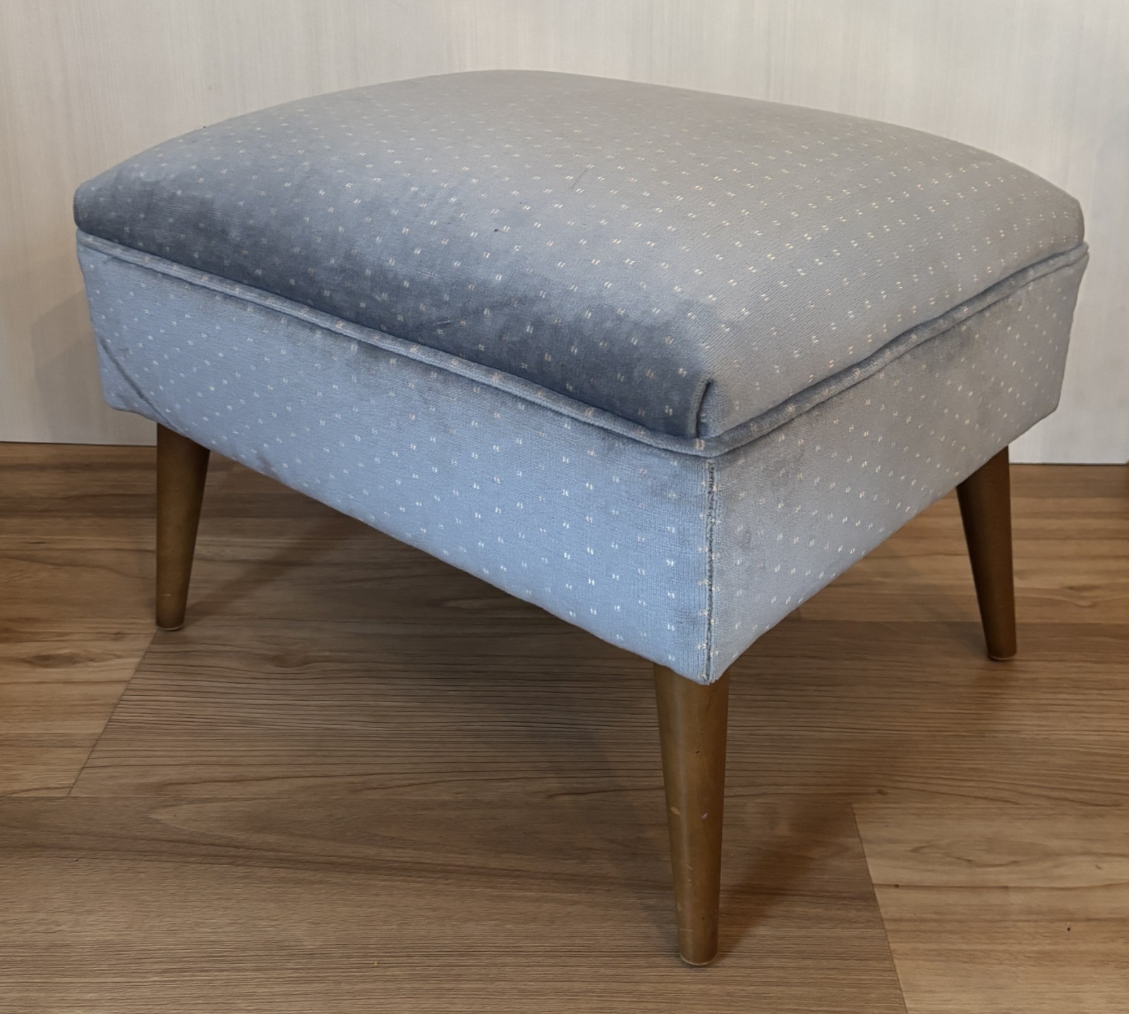 Vintage Mid Century Modern Stool Ottoman Blue Upholstered Wood Tappered Legs
