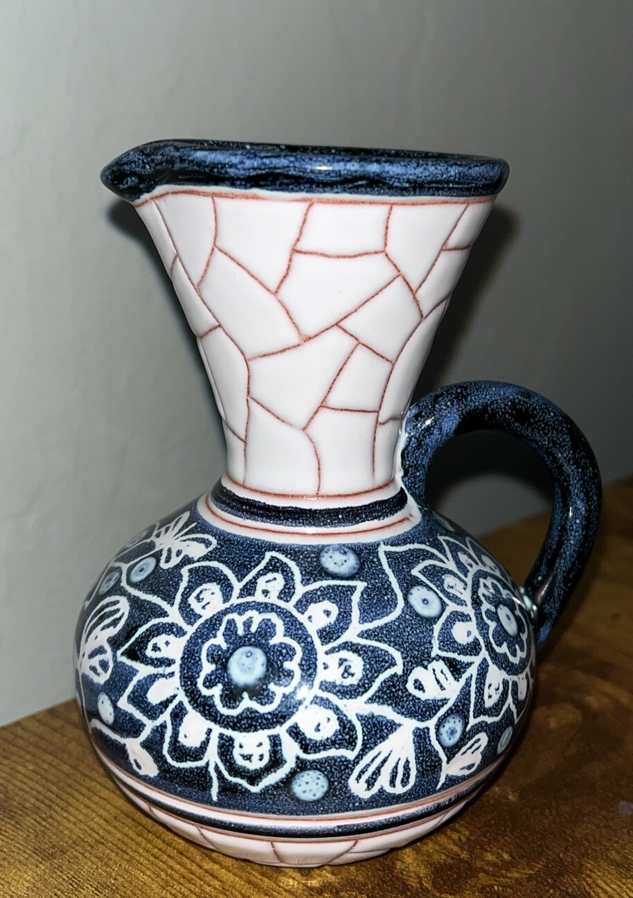 VTG 1957 Ceramic Art Pottery Pitcher Flowers Norway Cottagecore Blue Ivory 4.75\