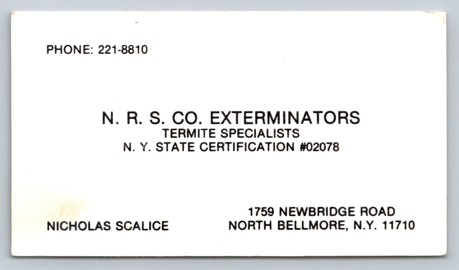 Vintage Business Card N.R.S. Exterminators Pest Control N. Bellmore NY Scalice