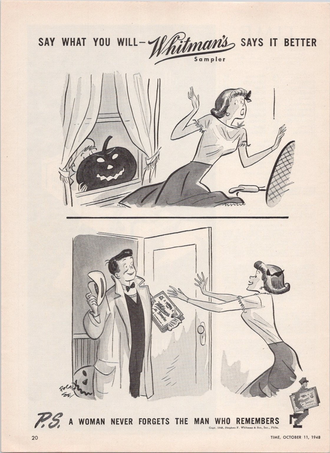 Whitman's 1948 Vintage Print Ad Halloween Sampler Candy Retro Art