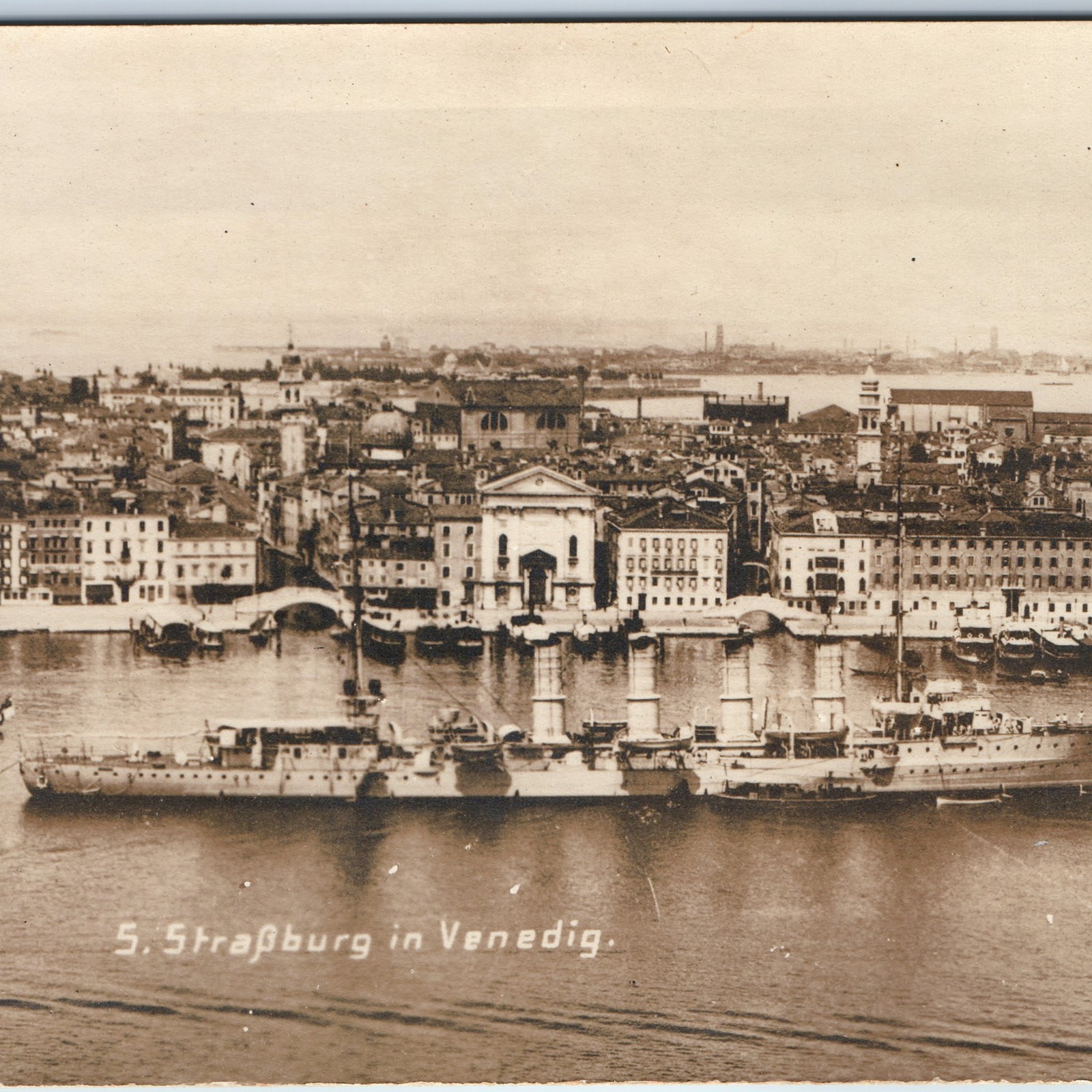 c1910s Venice Italy SMS Strassburg Cruiser Warship Harbor RPPC Postcard Venedig