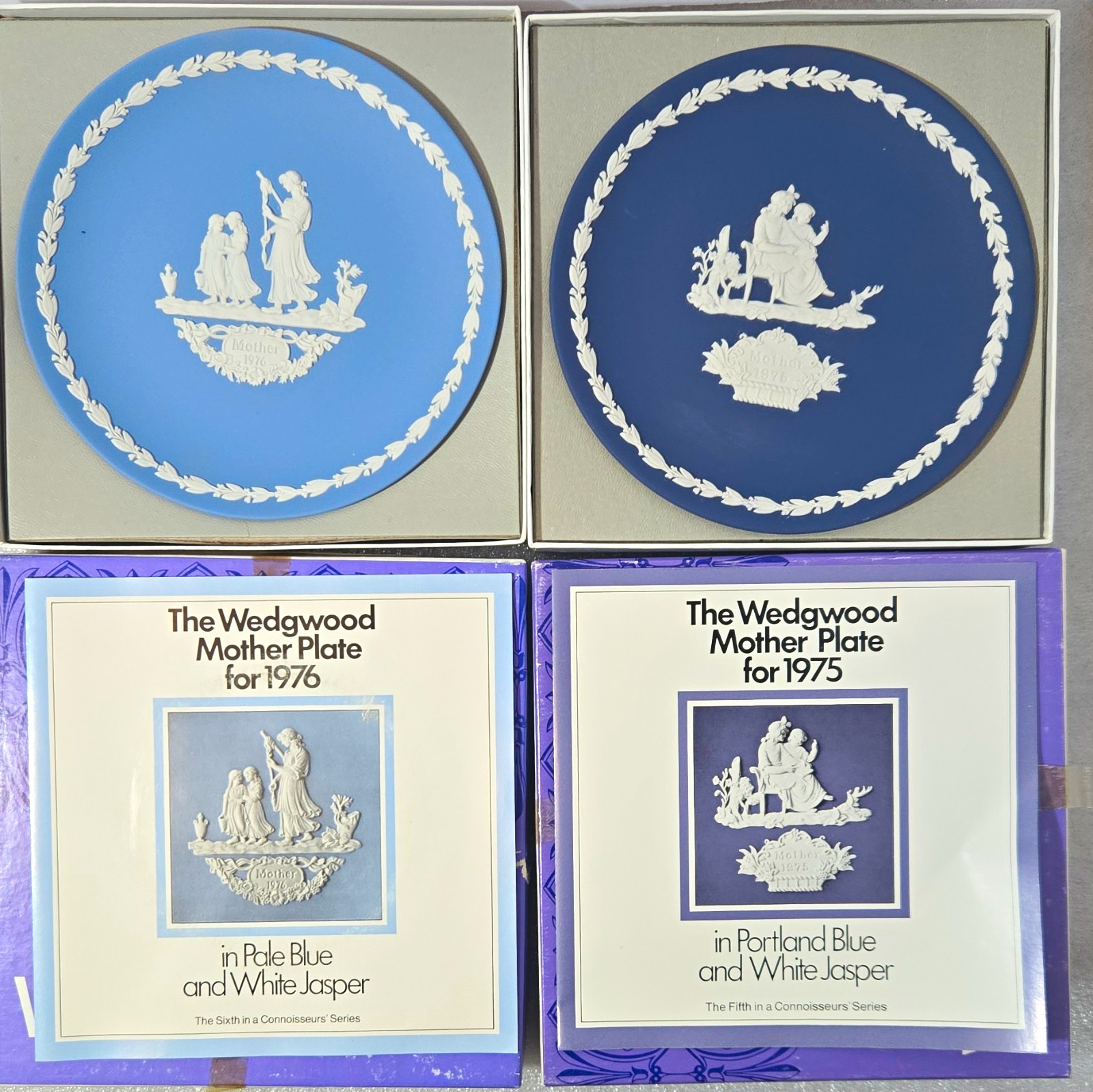 2x Wedgwood Mother Plate 1975 & 1976 Blue/White Jasperware Plates, Boxed