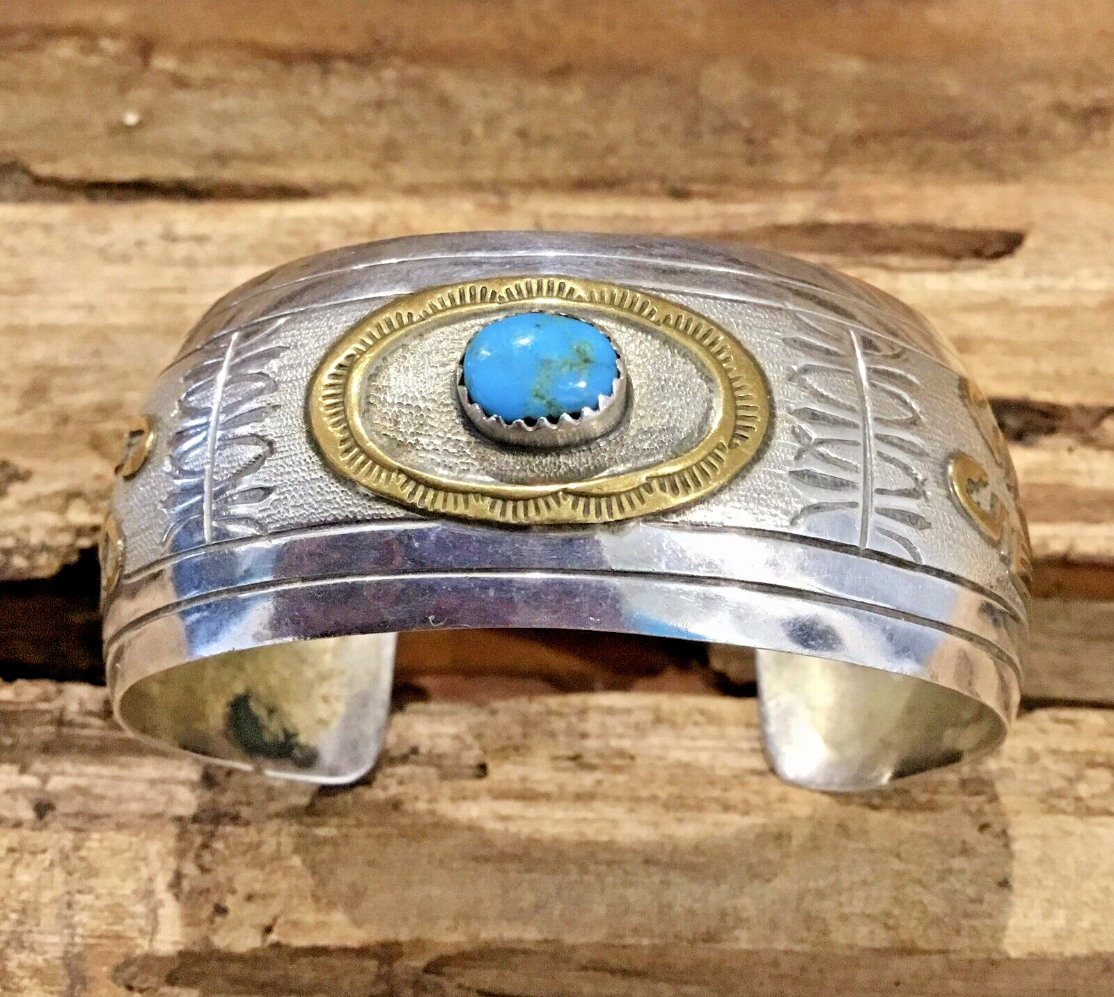 VTG Native American Navajo Sterling GF Turquoise Bracelet signed VR IHMSS 26.1G