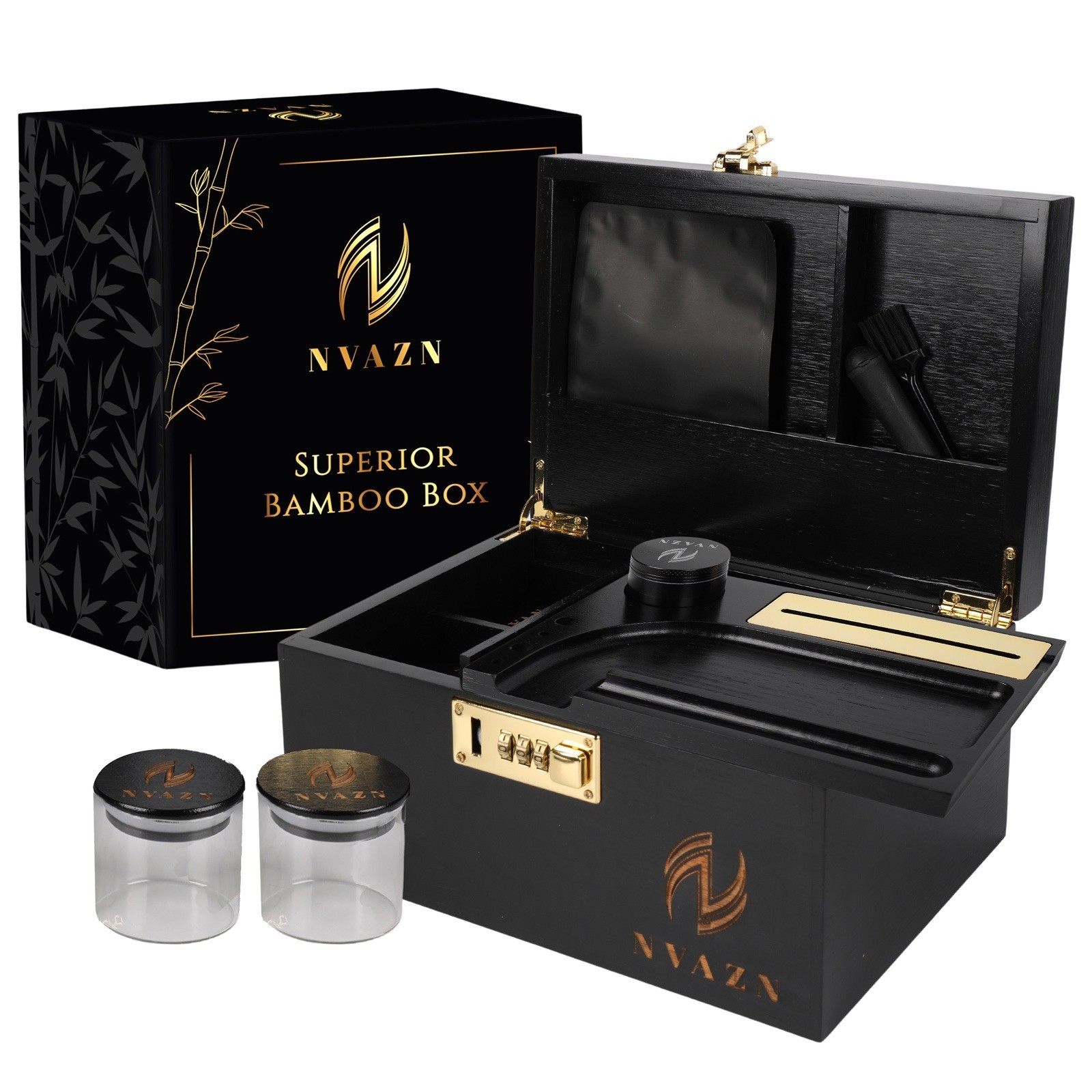 Stash Box Large - Smell Proof Bamboo Box with Rolling Tray - Storage Wood Box