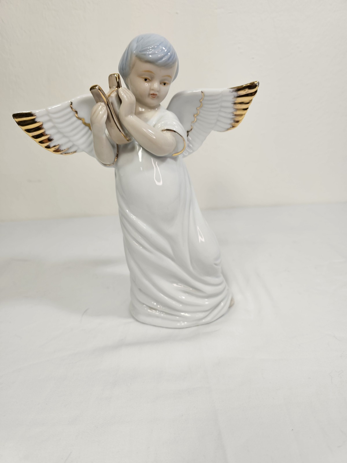 Vintage Porcelain Angel Figurine Harp Player with Gold Trim