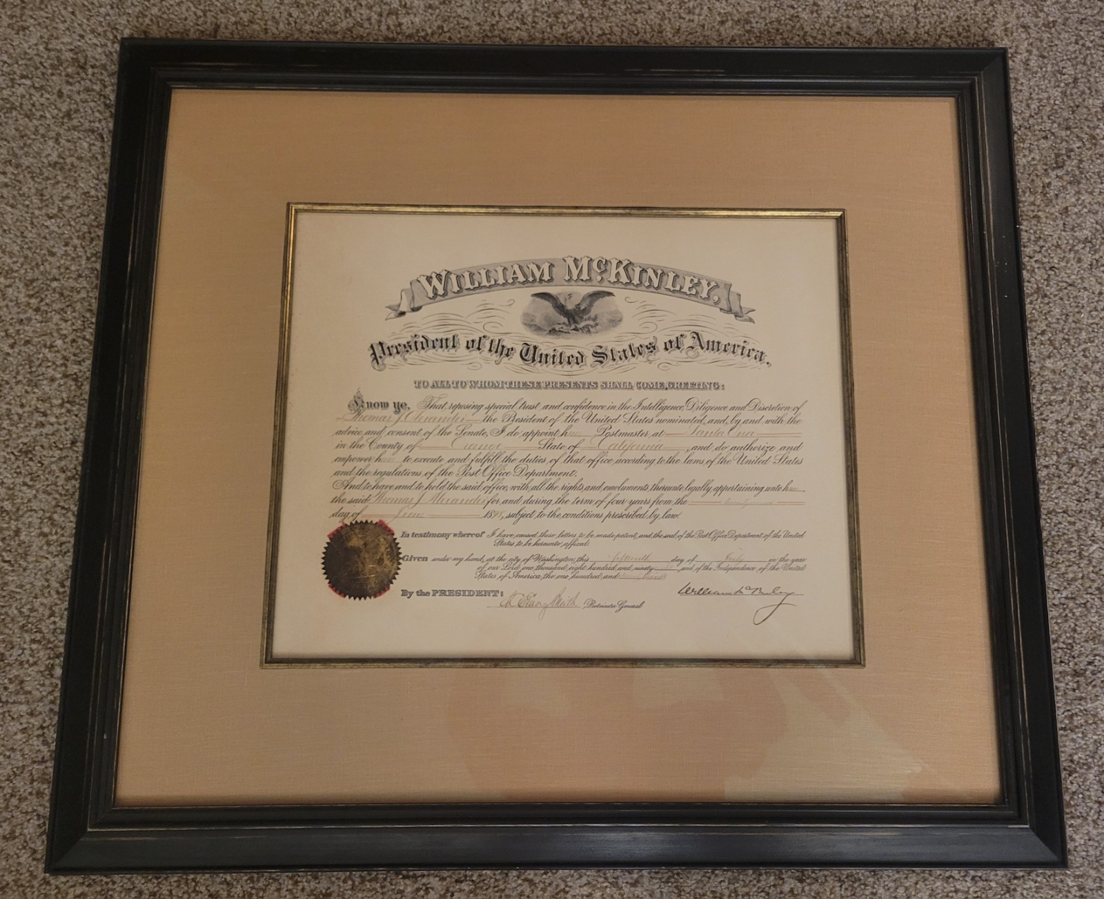 PRESIDENT William McKinley 1898 Signed Autographed Document  FRAMED POST OFFICE 