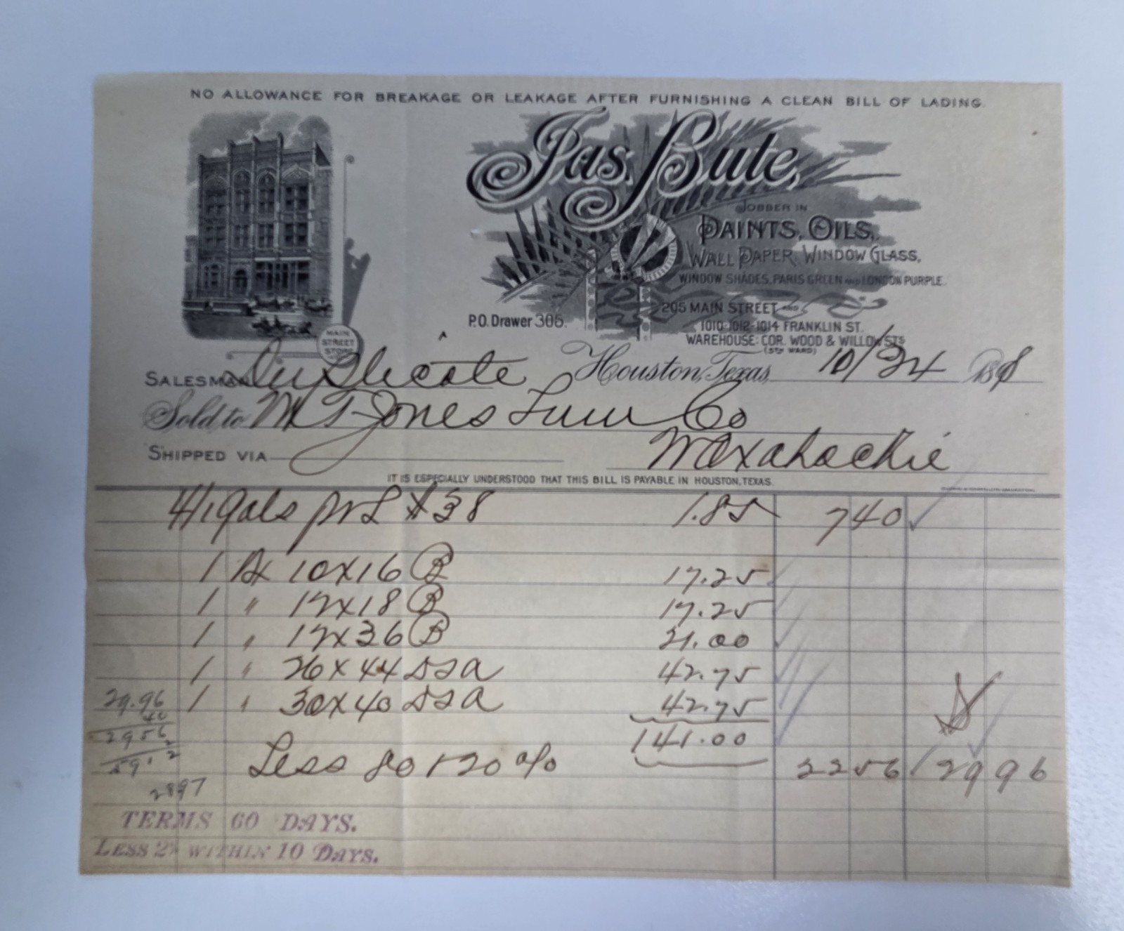 1898 Peas & Bute Houston Texas Paint Oils Invoice Billhead Mexia TX Ephemera