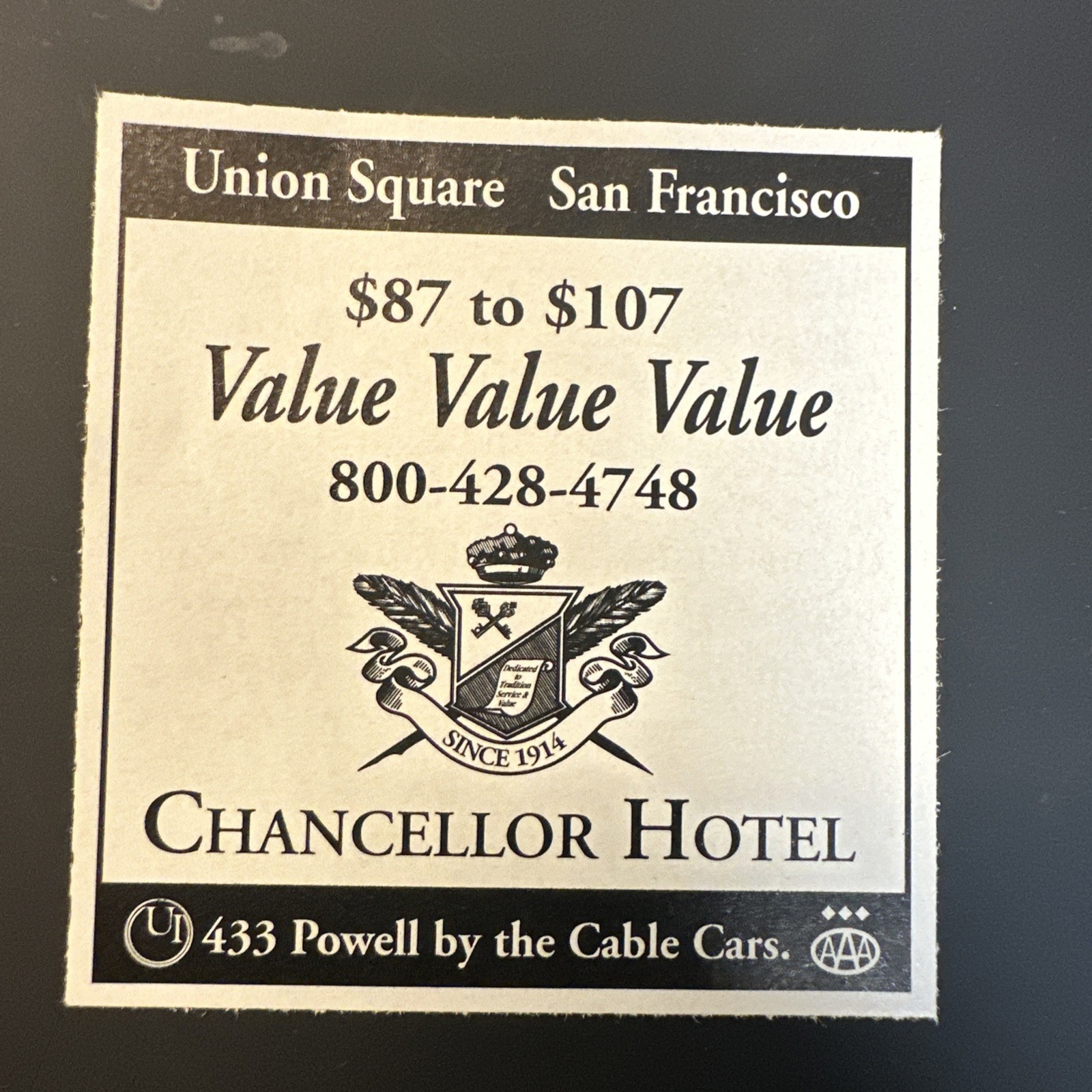 Vintage Chancellor Hotel Union Square San Francisco 1991 New Yorker Ad Cable Car
