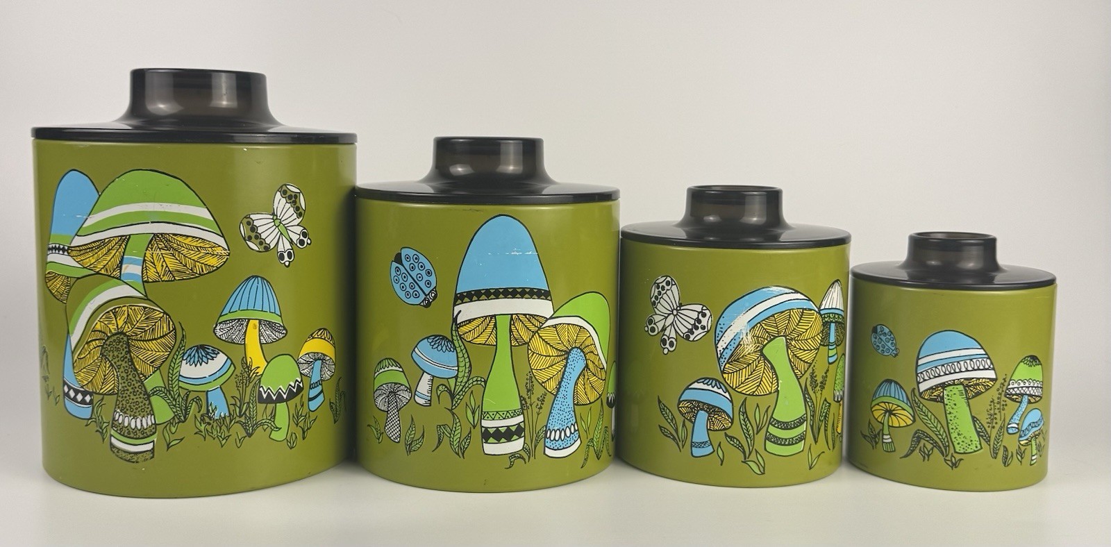 Vintage Ransburg Mushroom Canister Set 4 Olive Green Metal Kitchen Canisters USA