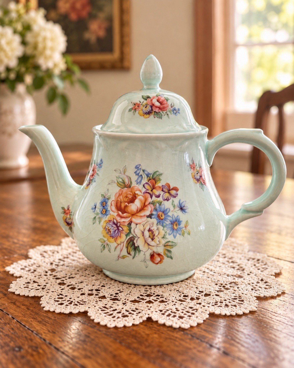 Antique Arthur Wood England KEW Floral Teapot Seafoam Green Crazed Glaze