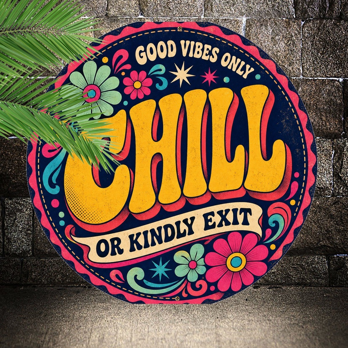 Stay Groovy Metal Sign Rustic Circular Retro Wall Plaque 8x8