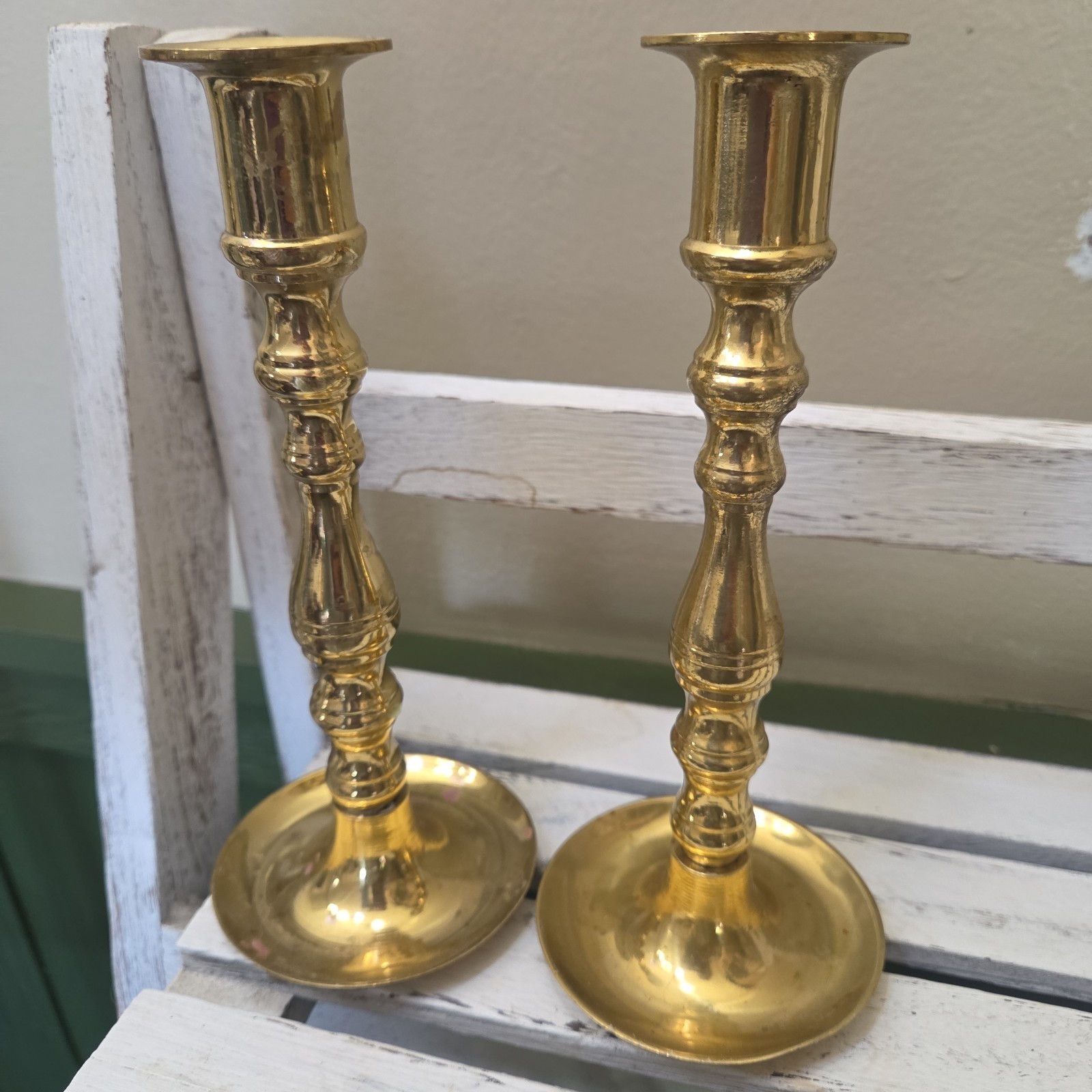 Two Vintage Solid Brass Candlesticks Holders Cottage Country Core  8” Tall