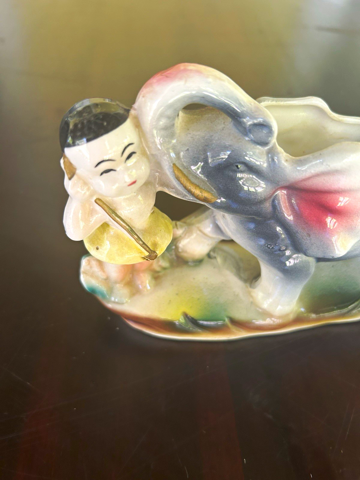 Vintage Ceramic Planter Elephant & Child, Hand Painted Glaze Made in Japan