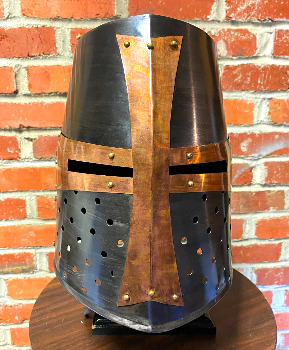 Medieval Style Polished Metal Helmet w/ Stand, Black & Brown Decorative Armor