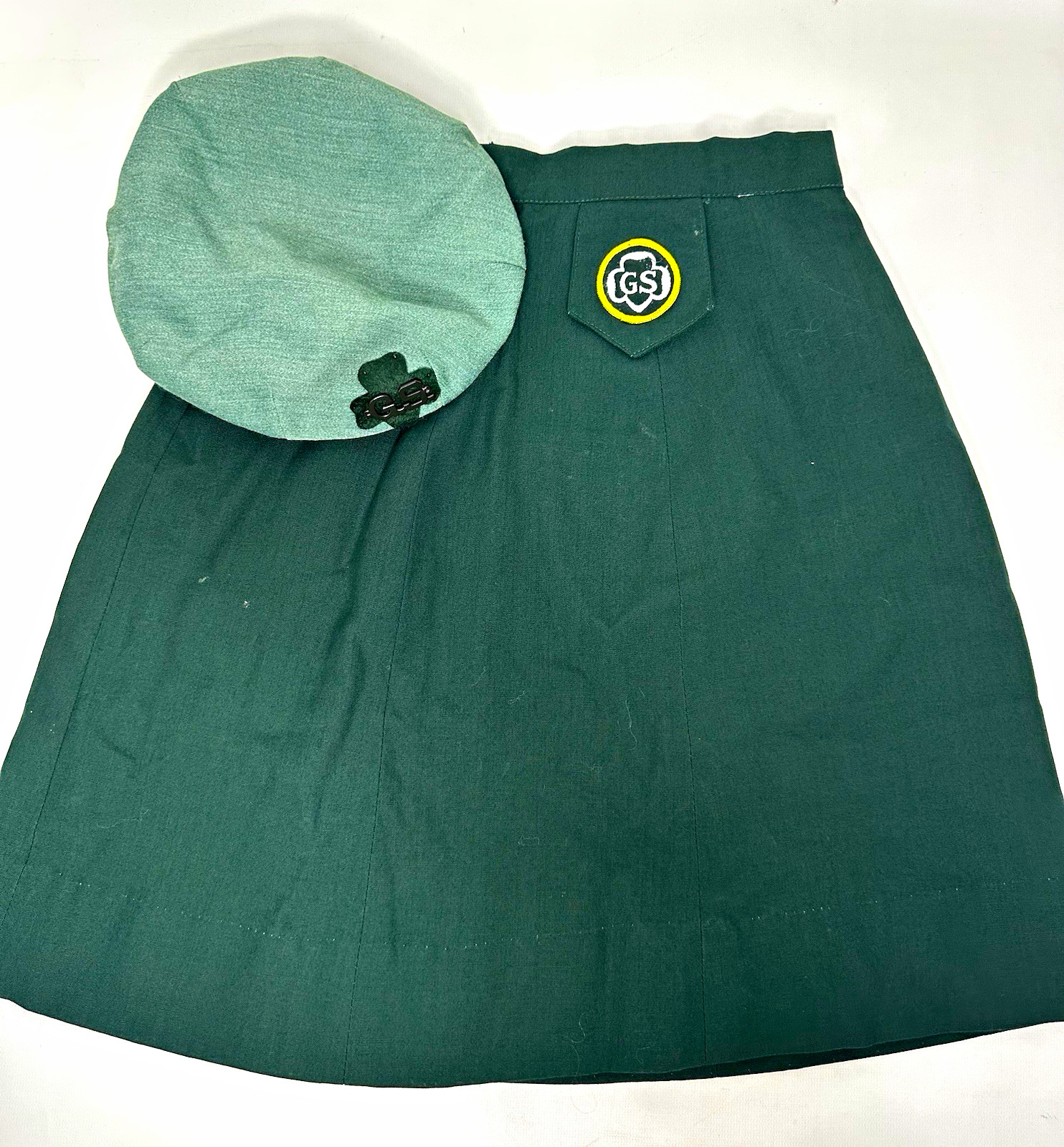 Girl Scouts Vintage Green Uniform Skirt & Cap Hat w/ GS Patch Union Made
