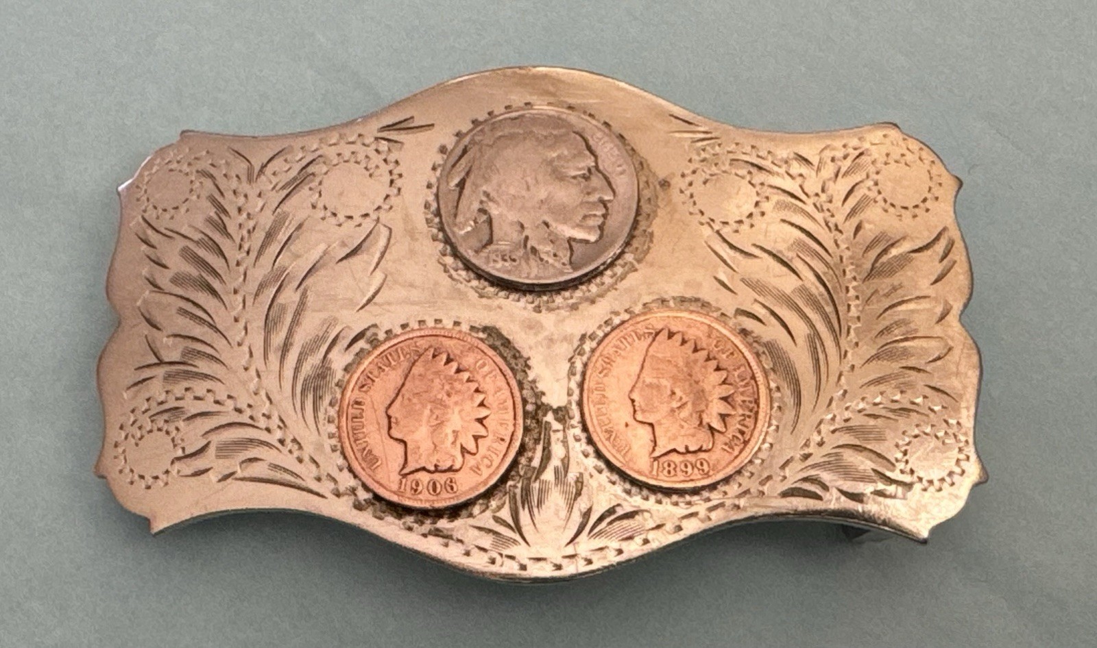 Vintage Old Western USA Comstock Indian Head Pennies Buffalo Nickel Belt Buckle