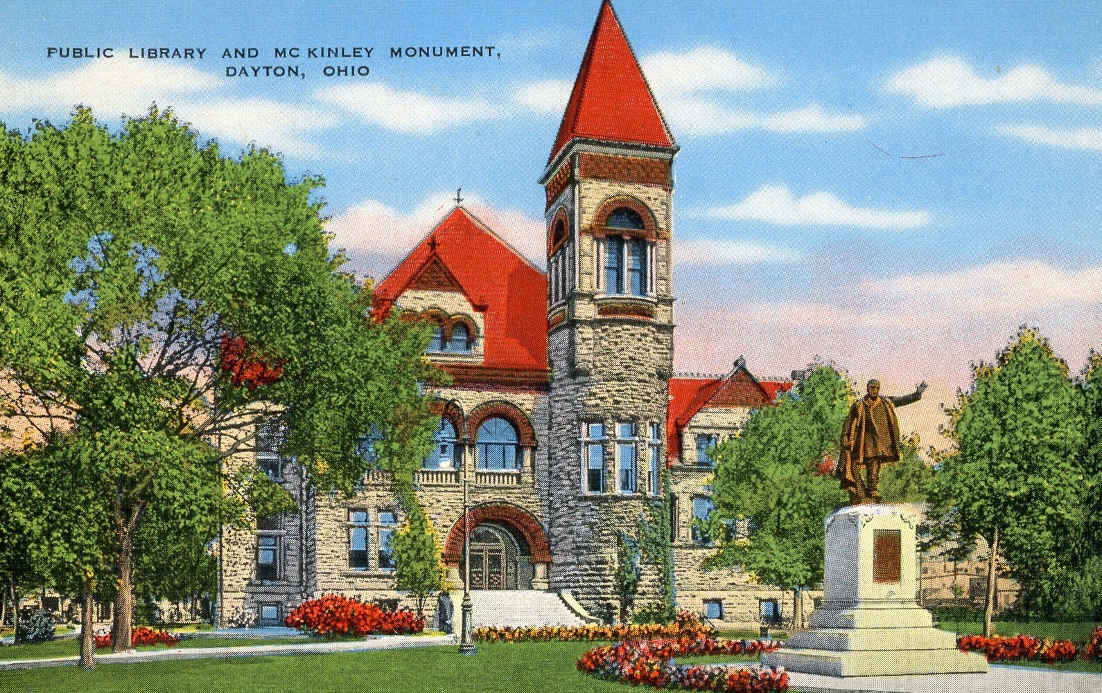 Dayton, OH - Public Library and McKinley Monuement - Linen