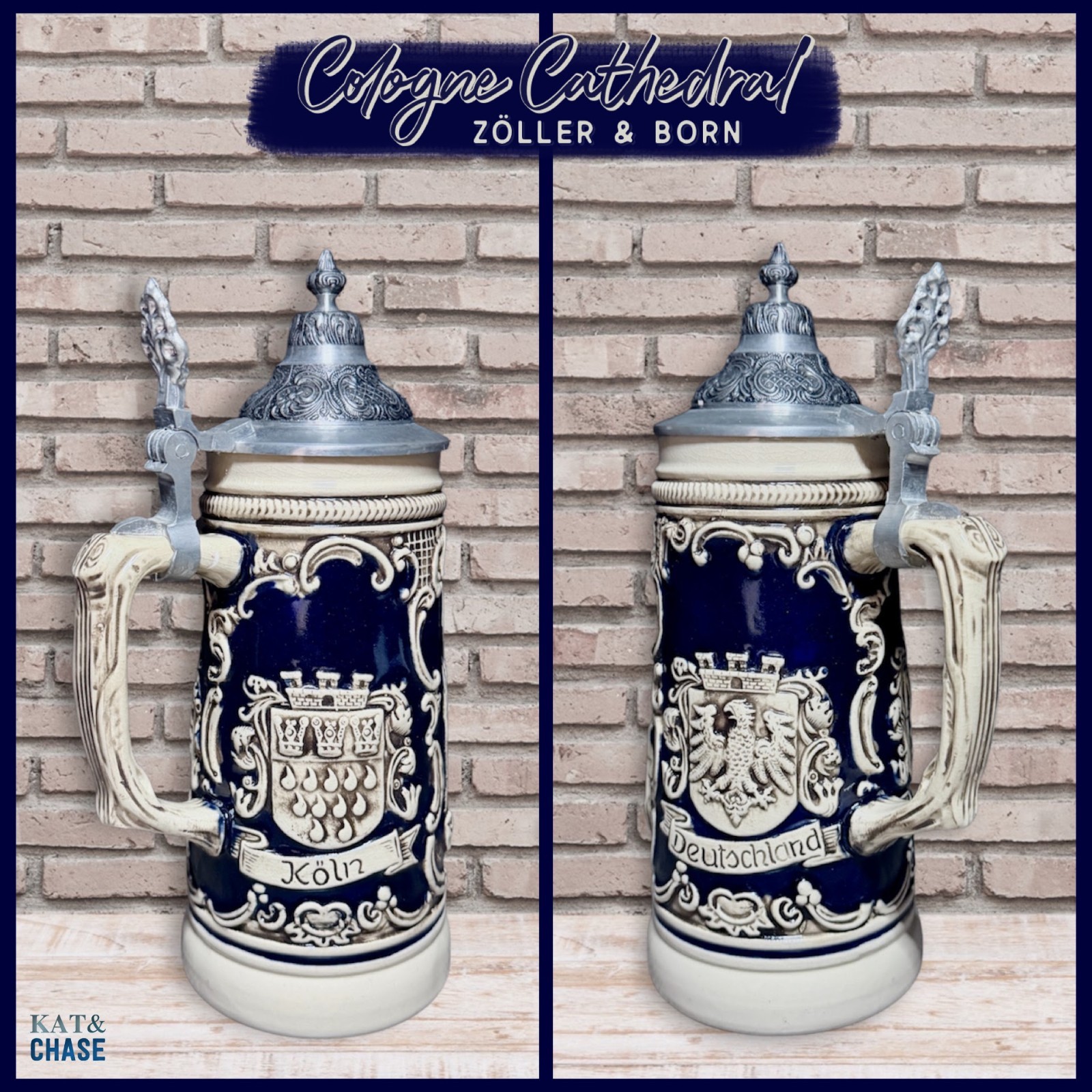 Zoller & Born Beer Stein Dual Crest Cologne Cathedral Pewter Lid Germany Ceramic