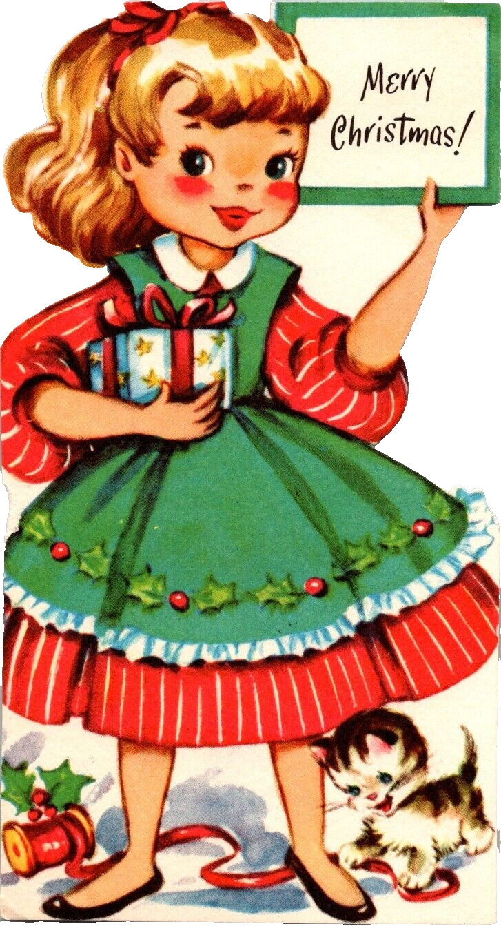 Vintage Christmas Card Die Cut Pretty Girl Kitten c1940s 50s Large 6 x 3”