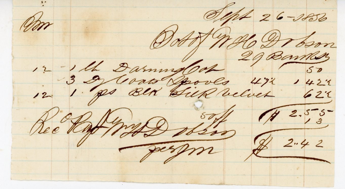 1856 Antique Receipt Botty H. Dobson Dry Goods Black Silk Velvet Darning Cotton