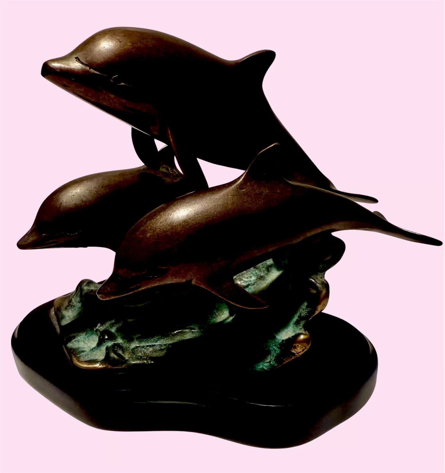 Vintage DOLPHINS Seascape San Pacific Int SPI BRONZE PATINA SCULPTURE STATUE 6\