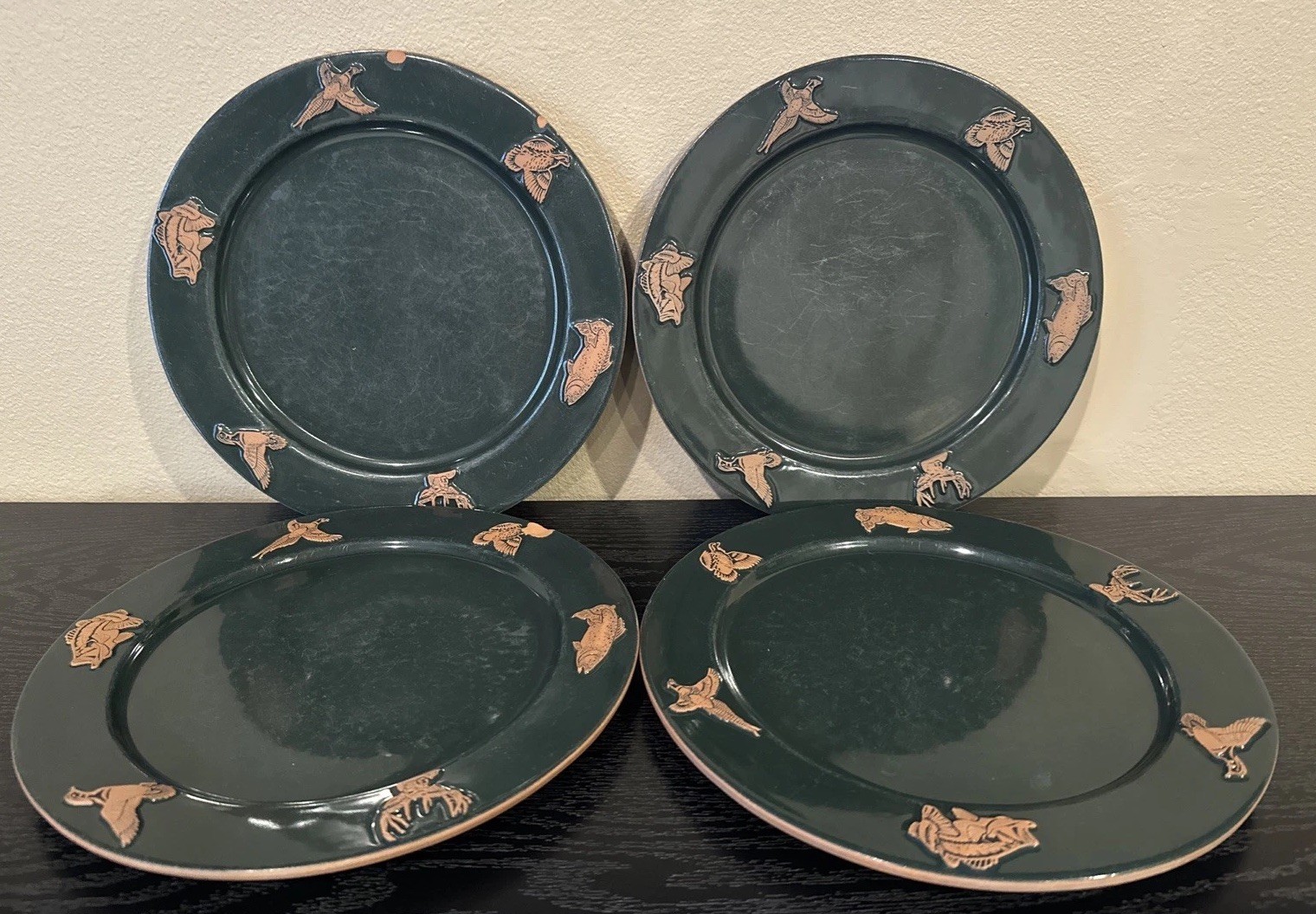 Frankoma Sportsman Deer Hunter Forest Green 10.5” Dinner Plates - Set of 4 READ