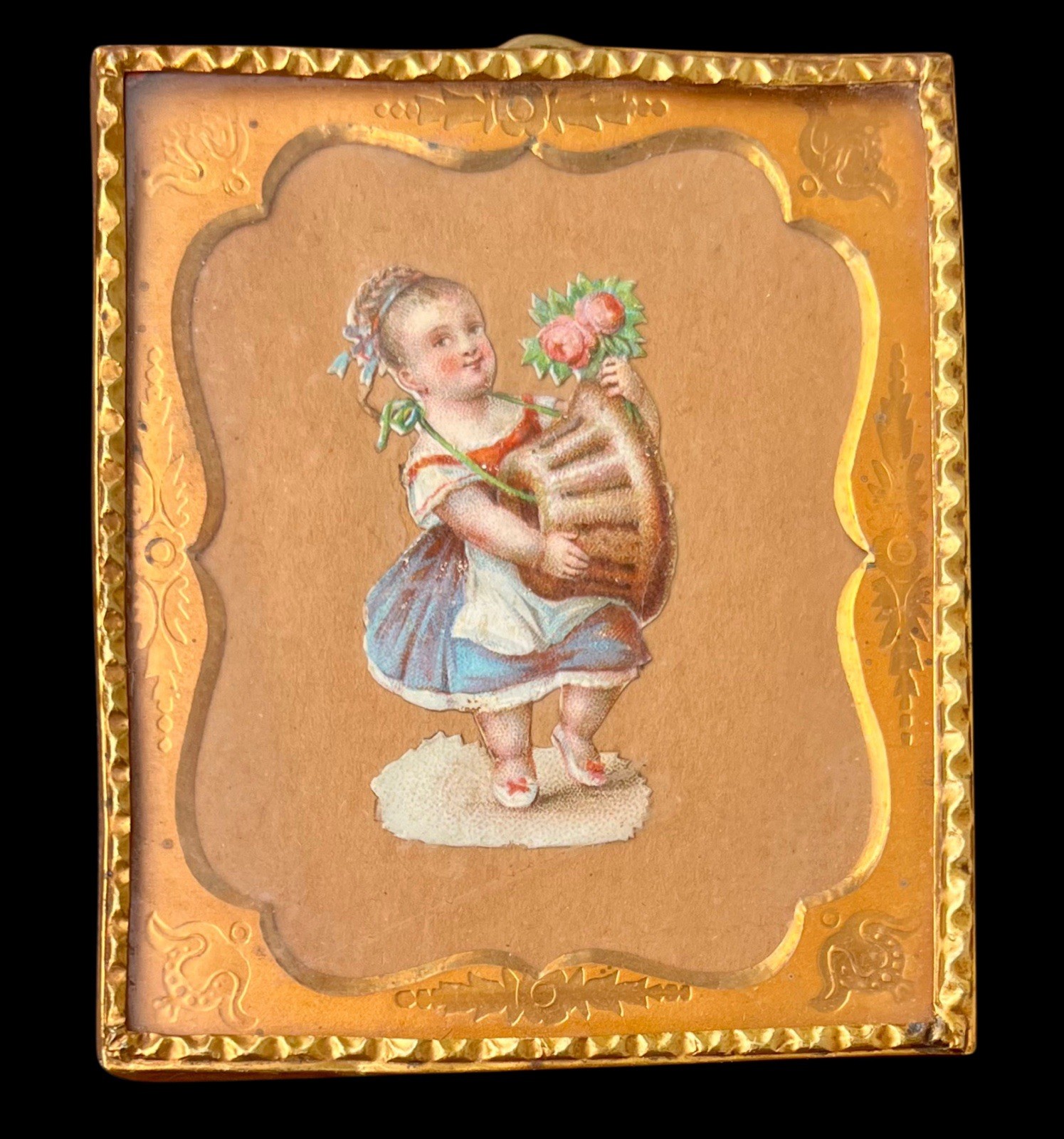 Antique Victorian Ephemera Embossed Copper Girl W/Basket Of Camellia Flowers