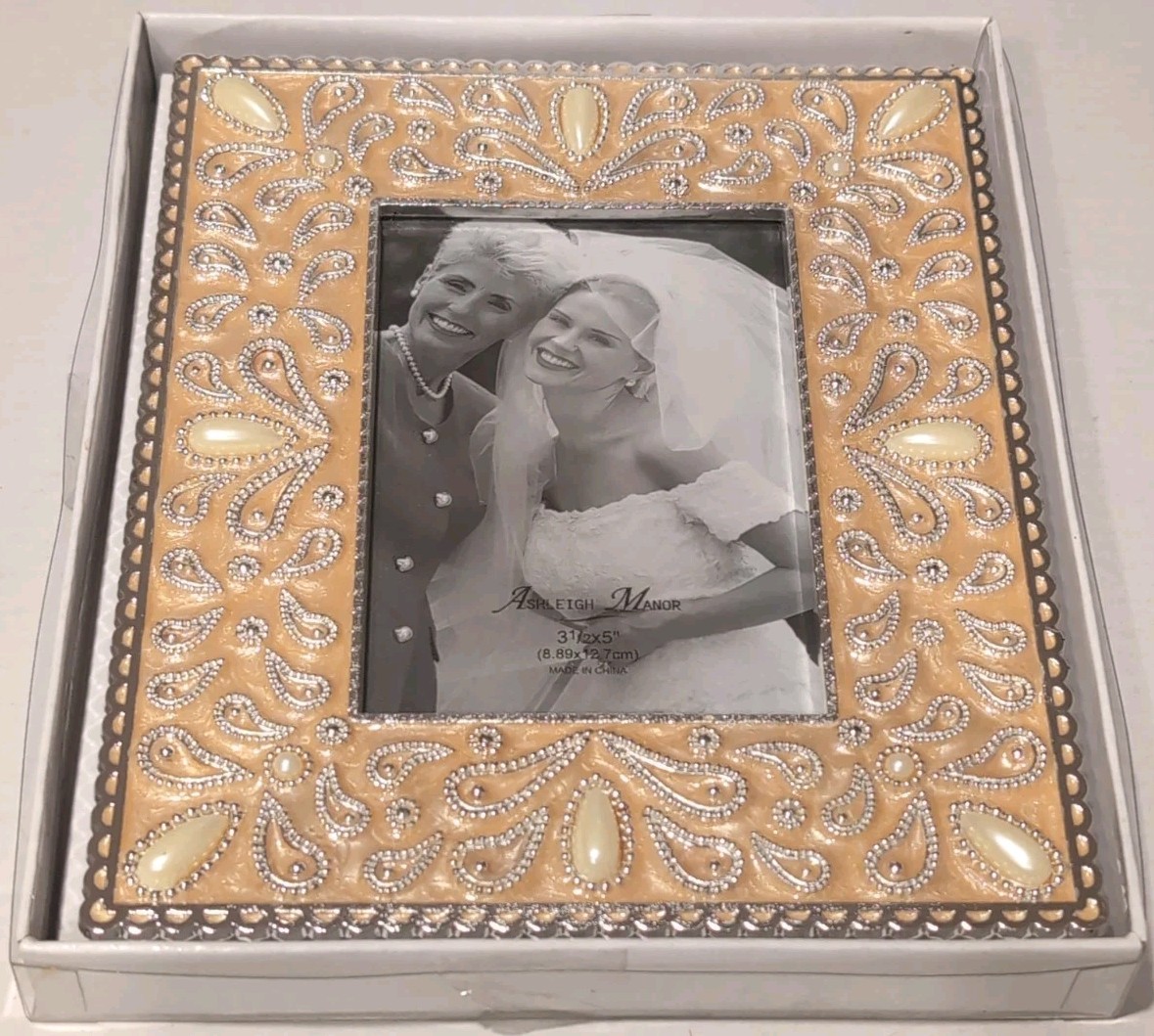 Ashleigh Manor Picture Photo Frame Jeweled Peach Enamel Easel Back 3.5x5” NWOT